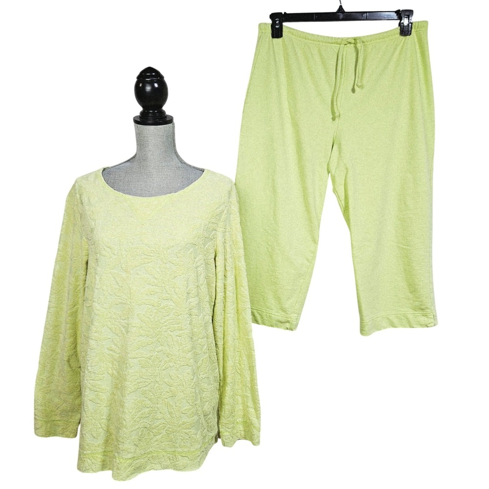 Coldwater Creek 2 pc Lime Terry Cloth Embossed Top Capris XL Lounge Resortwear